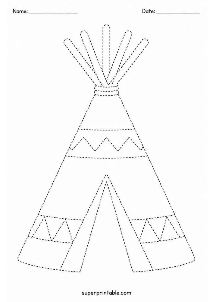 Dashed outline tracing worksheet featuring a teepee.