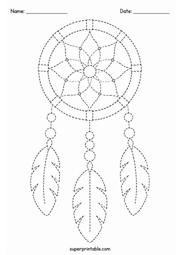 Dashed outline tracing worksheet featuring a dreamcatcher.