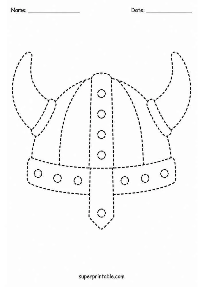 Dashed outline tracing worksheet featuring a Viking helmet.