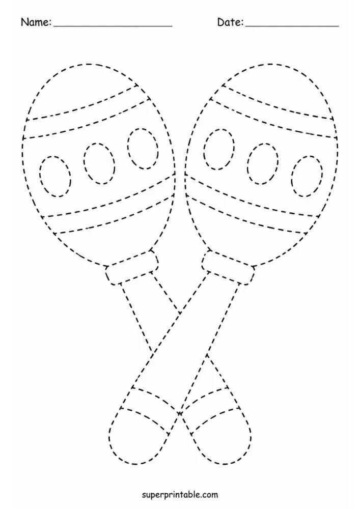 Dashed outline tracing worksheet featuring two maracas.
