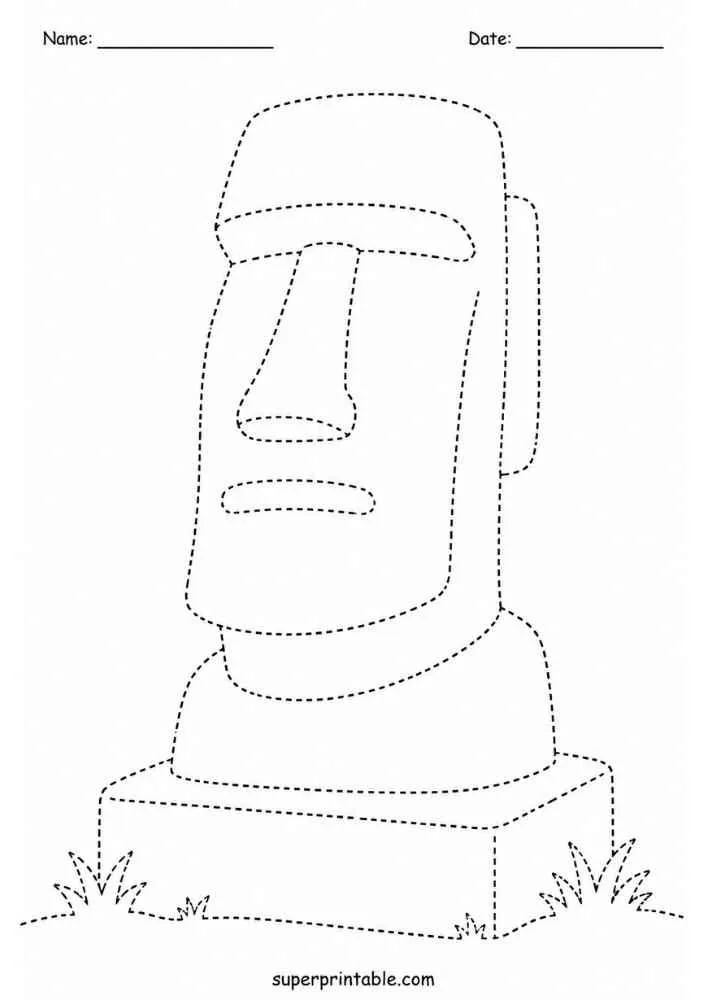 Dashed outline tracing worksheet featuring a Moai statue.