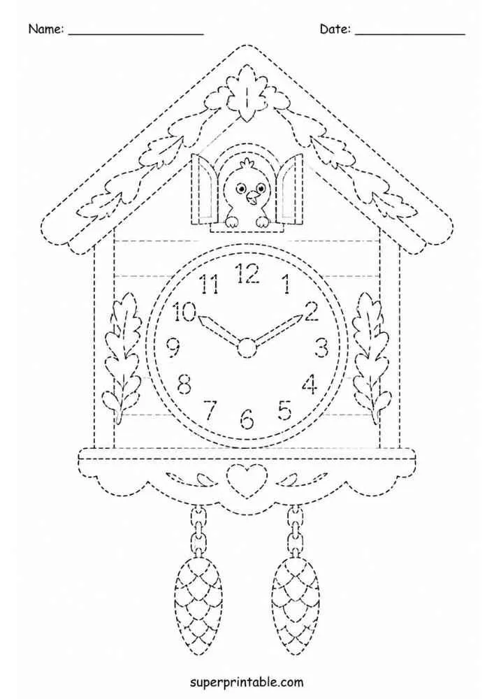 Dashed outline tracing worksheet featuring a cuckoo clock.