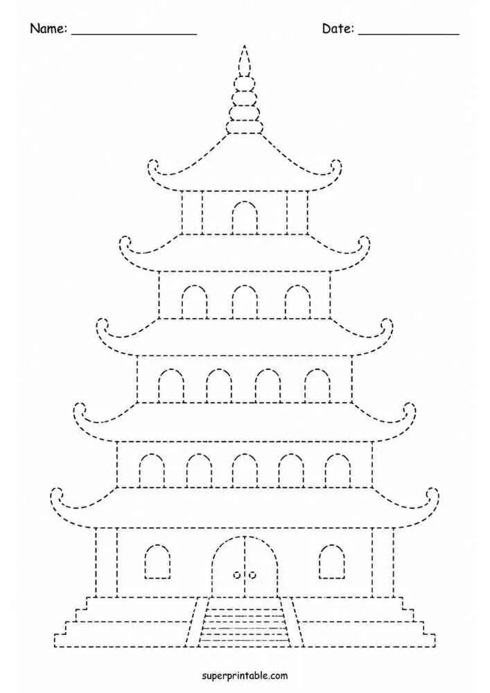 Dashed outline tracing worksheet featuring a multi-level pagoda.