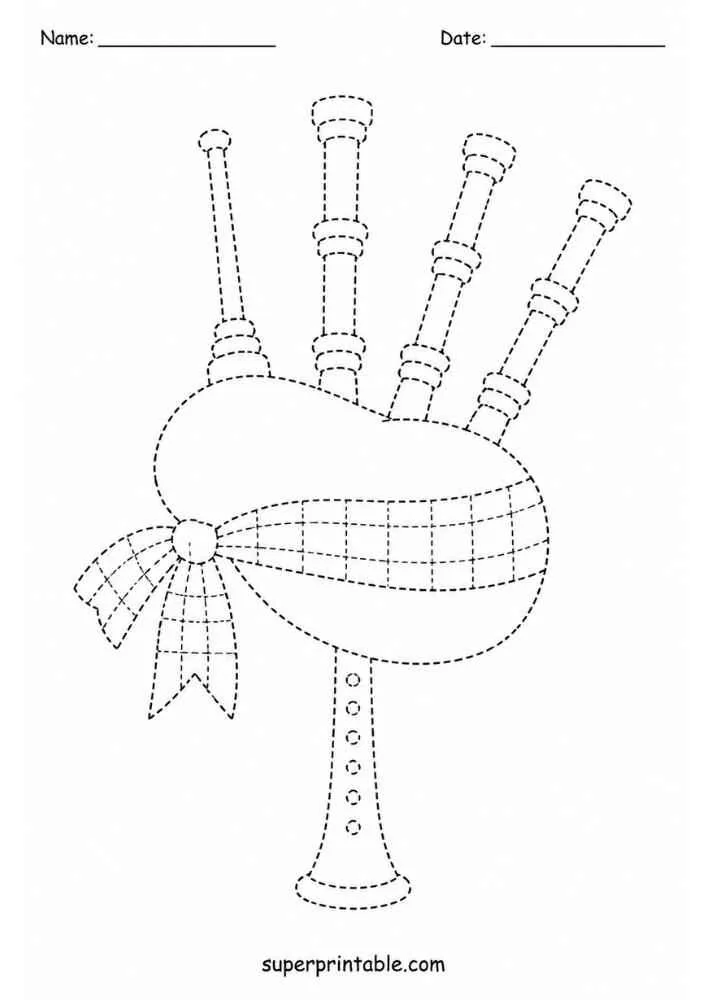 Dashed outline tracing worksheet featuring bagpipes.