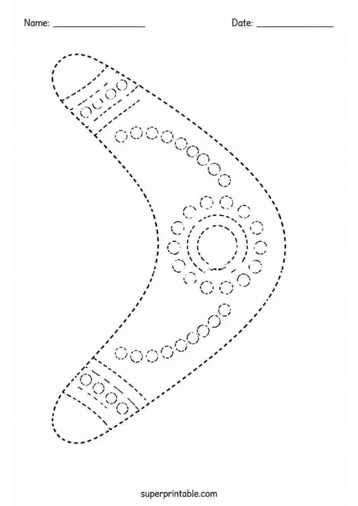 Dashed outline tracing worksheet featuring a decorated boomerang.