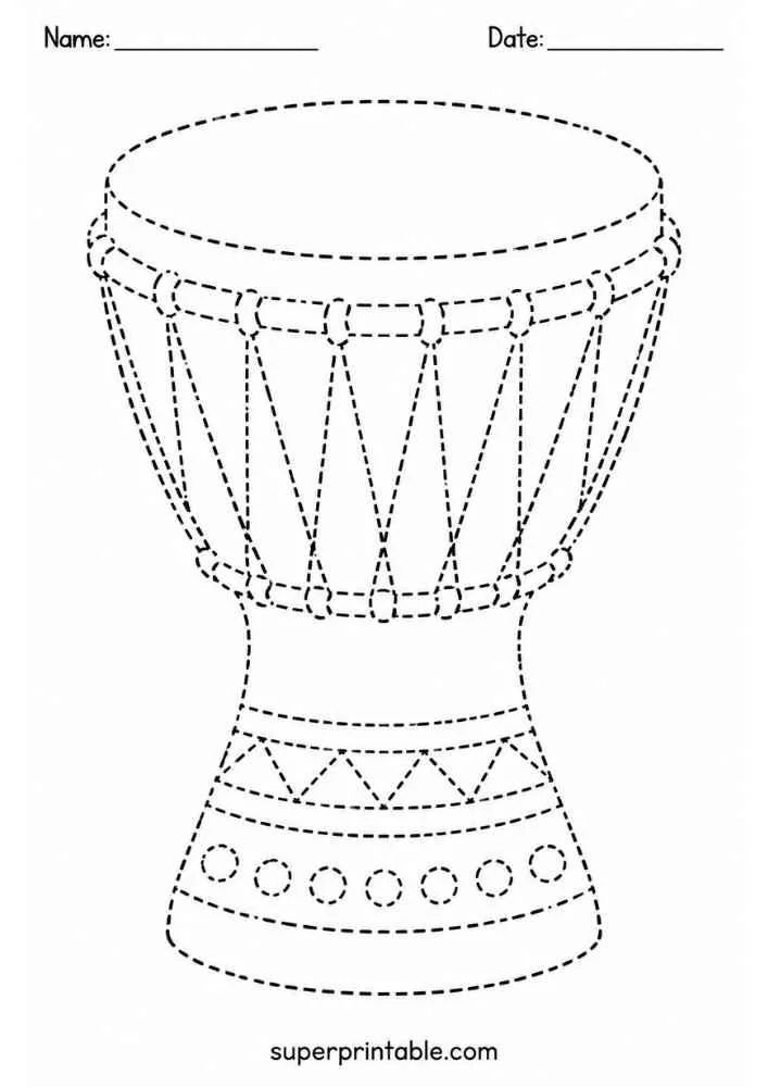 Dashed outline tracing worksheet featuring a decorated djembe drum.