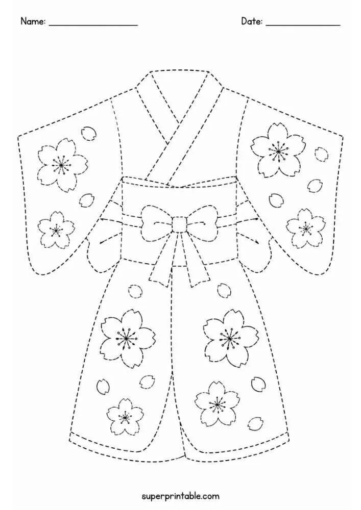 Dashed outline tracing worksheet featuring a floral kimono.