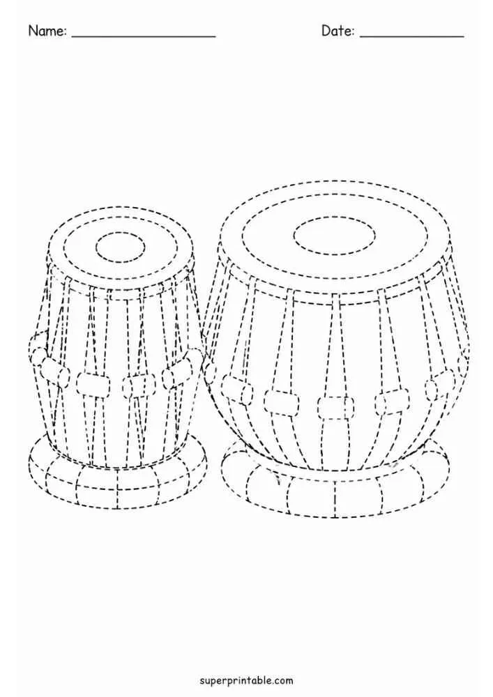 Dashed outline tracing worksheet featuring a pair of tabla drums.