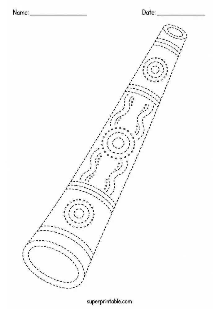 Dashed outline tracing worksheet featuring a decorated didgeridoo.