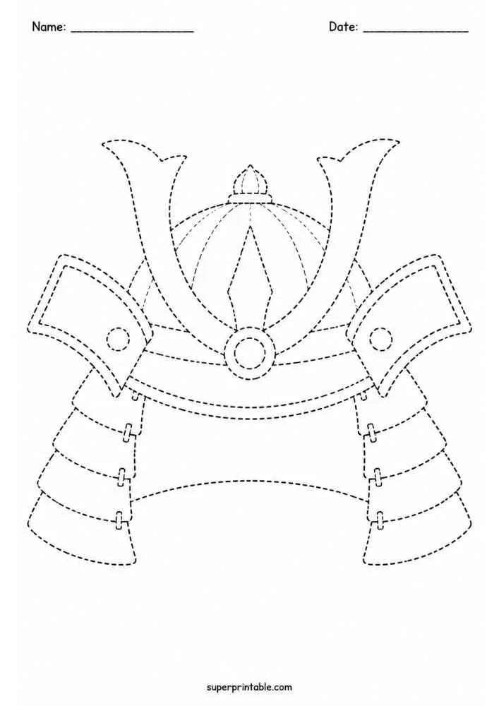 Dashed outline tracing worksheet featuring a samurai helmet.