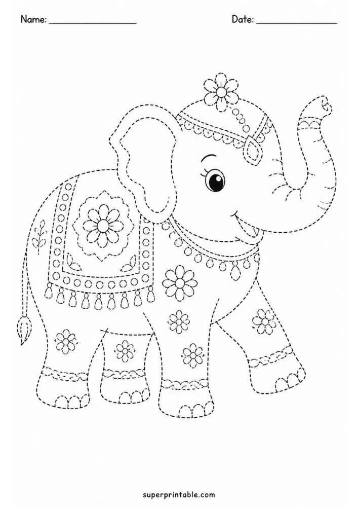 Dashed outline tracing worksheet featuring a decorated elephant.