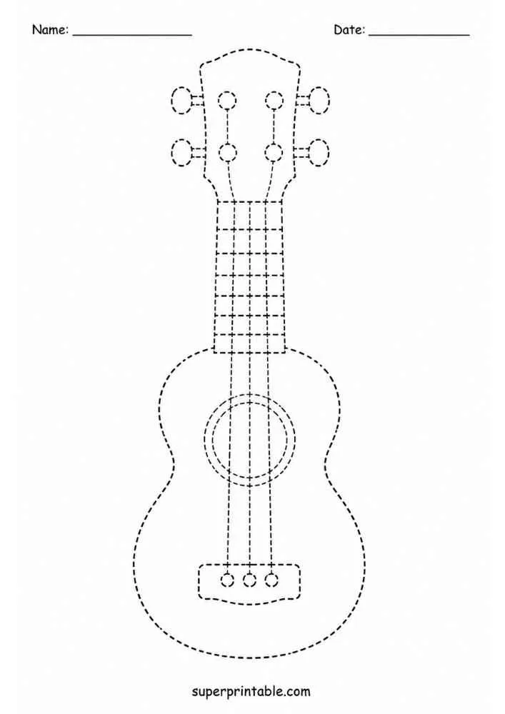 Dashed outline tracing worksheet featuring a ukulele.