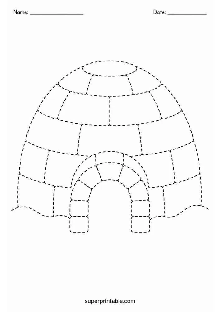 Dashed outline tracing worksheet featuring an igloo.