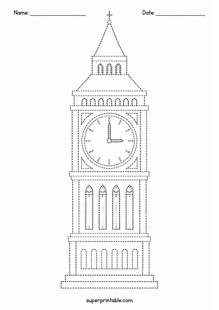 Dashed outline tracing worksheet featuring Big Ben with a clock face.