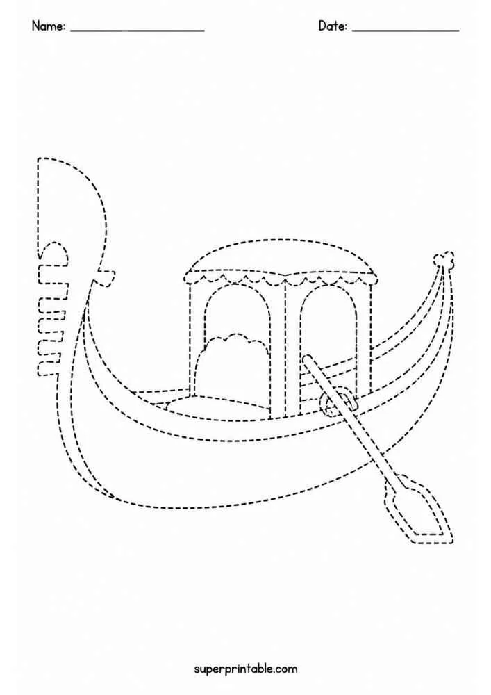 Dashed outline tracing worksheet featuring a Venetian gondola.