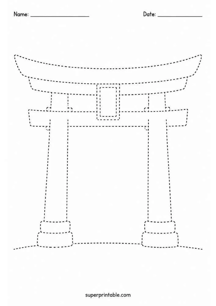 Dashed outline tracing worksheet featuring a Japanese torii gate.