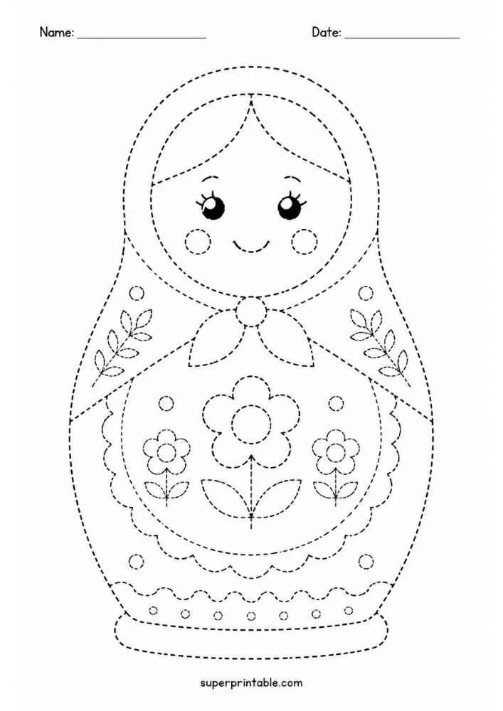Dashed outline tracing worksheet featuring a matryoshka doll.