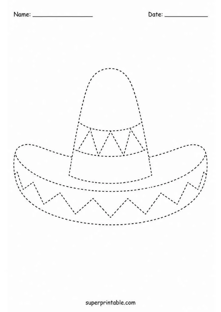 Dashed outline tracing worksheet featuring a sombrero hat.
