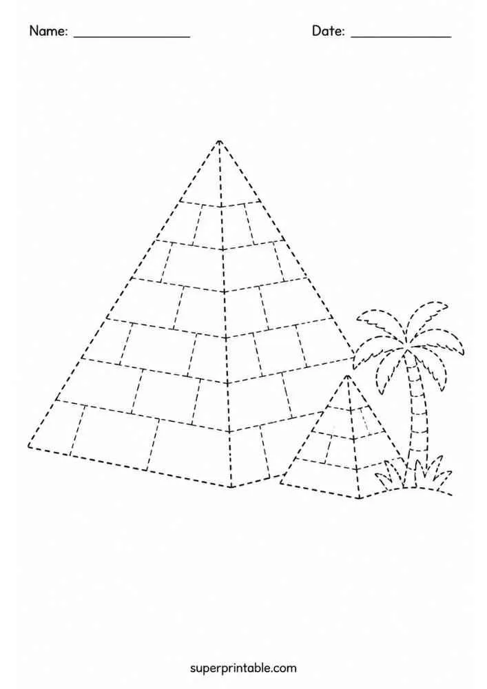 Dashed outline tracing worksheet featuring Egyptian pyramids and a palm tree.