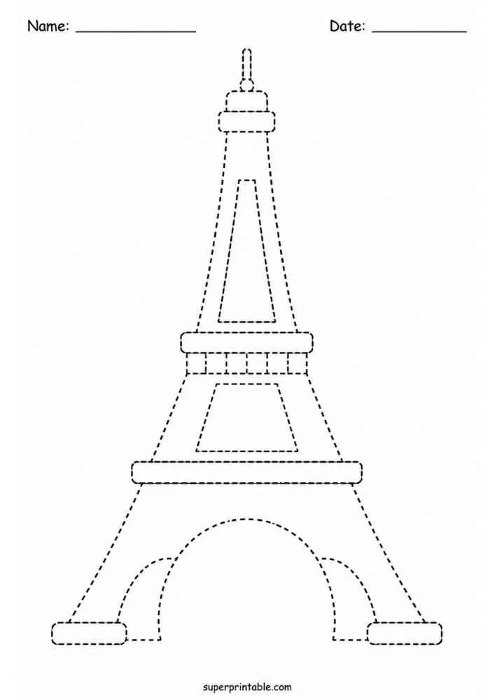 Dashed outline tracing worksheet featuring the Eiffel Tower.