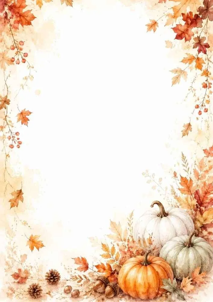 Watercolor border with pumpkins, autumn leaves, acorns, pinecones, and a blank center.