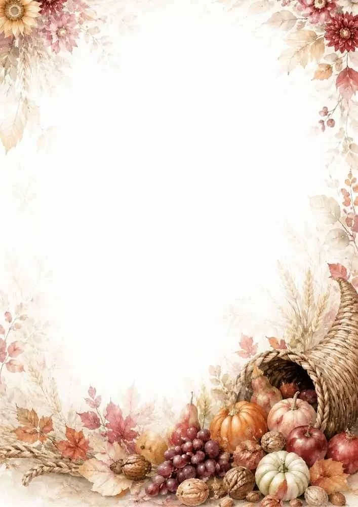 Watercolor border with cornucopia, pumpkins, grapes, apples, and blank center.