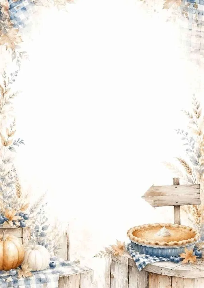 Watercolor border with pie, pumpkins, blueberries, wooden crates, and blank center.
