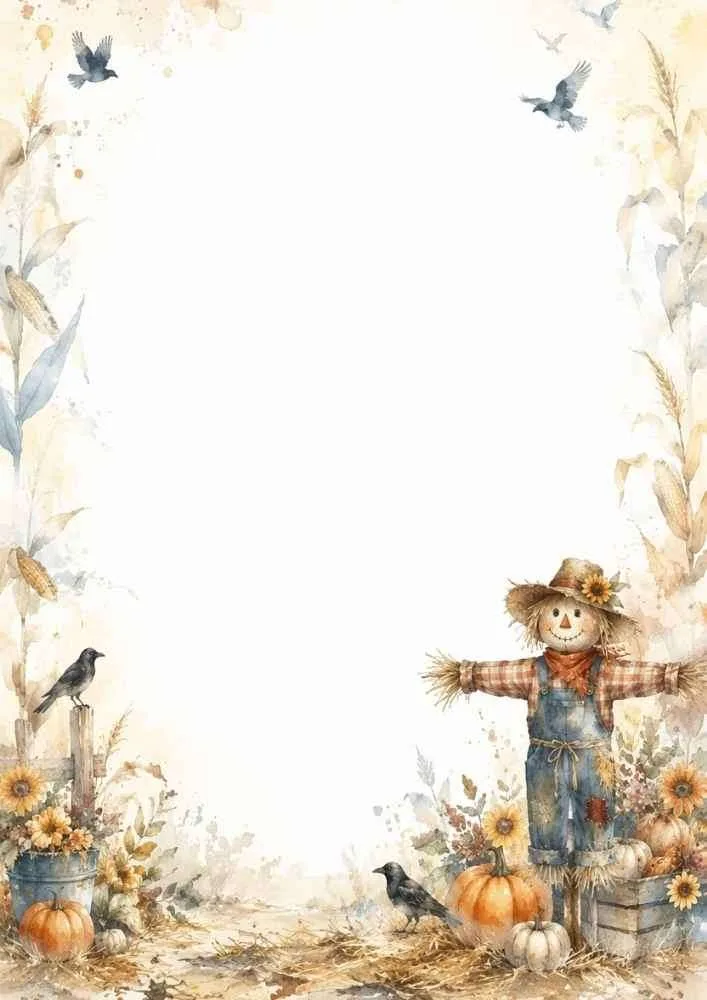 Watercolor border with scarecrow, pumpkins, crows, flowers, and blank center.