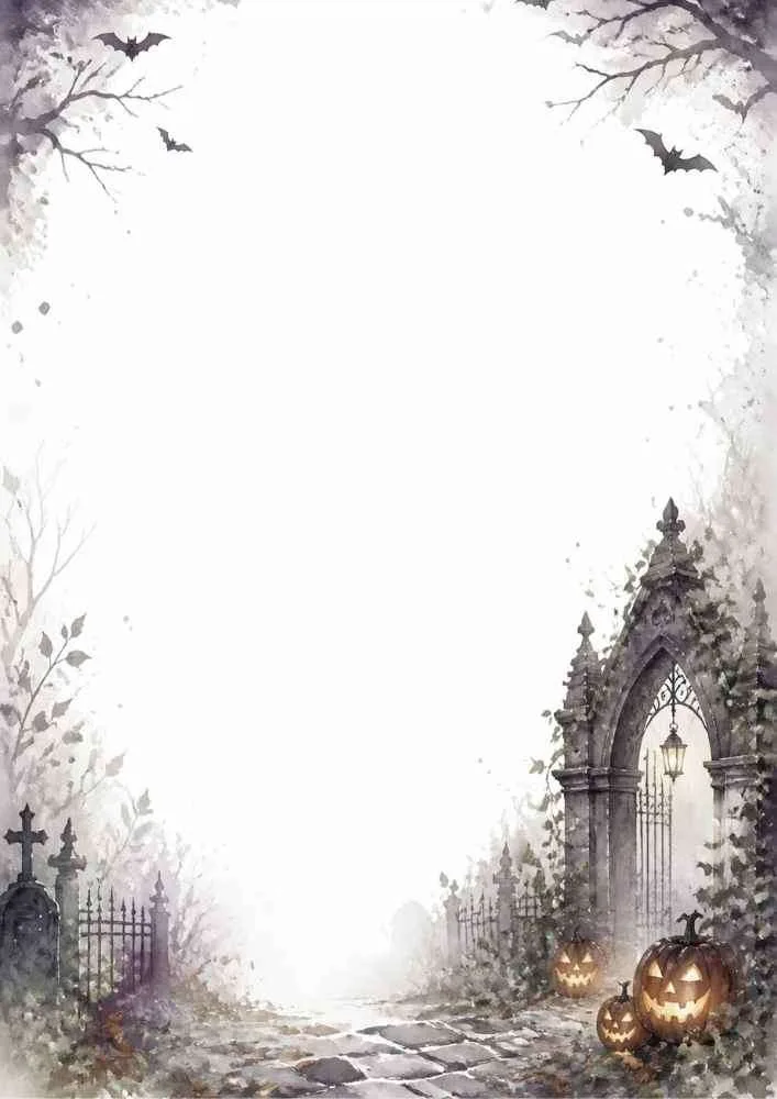 Watercolor border with cemetery gate, jack o' lanterns, bats, and blank center.