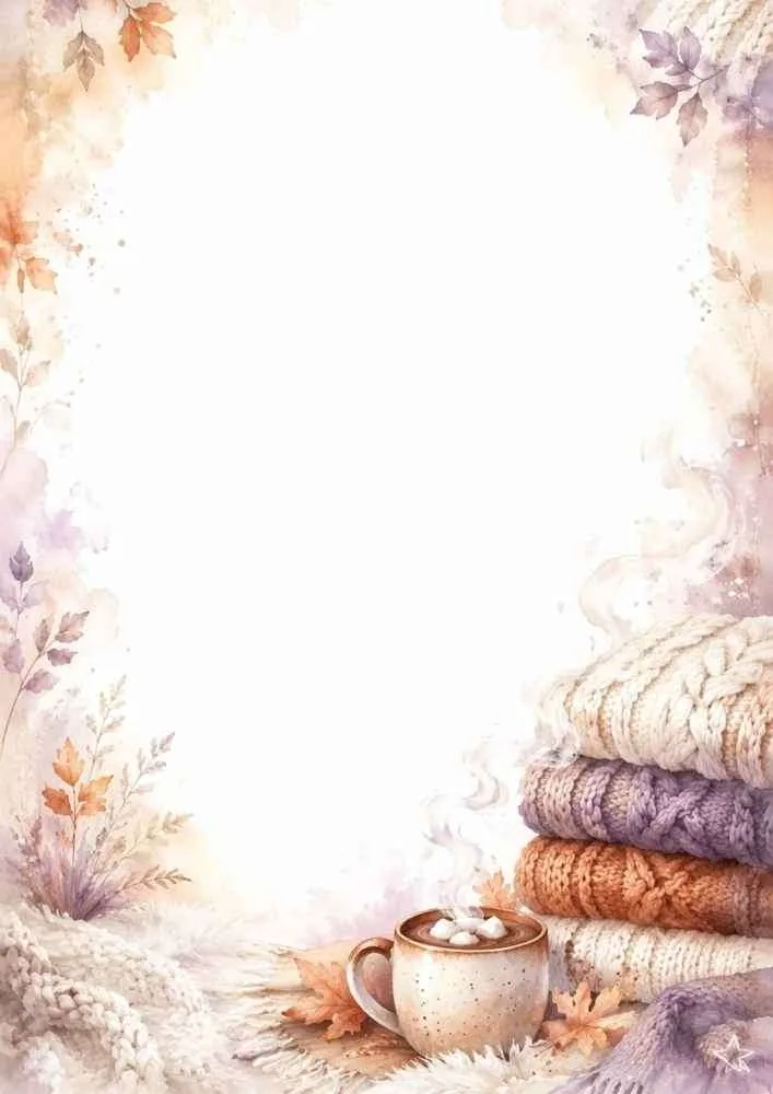 Watercolor border with knitted blankets, hot cocoa, marshmallows, and blank center.