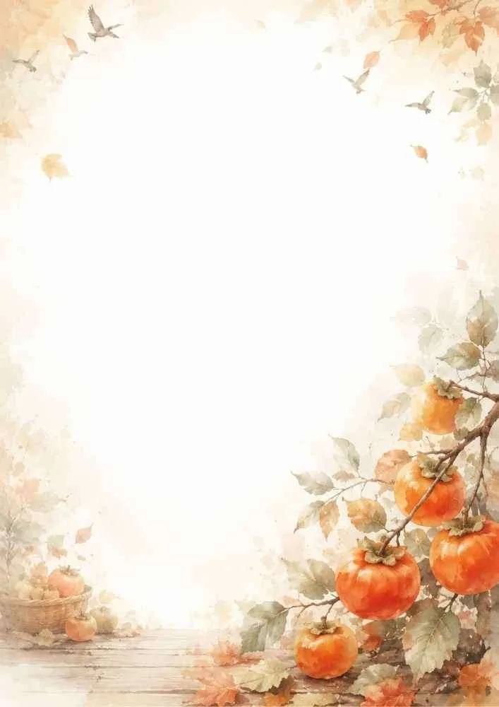 Watercolor border with persimmons, leafy branches, and a large blank center.