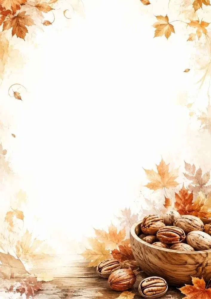 Watercolor border with walnuts, wooden bowl, autumn leaves, and blank center.