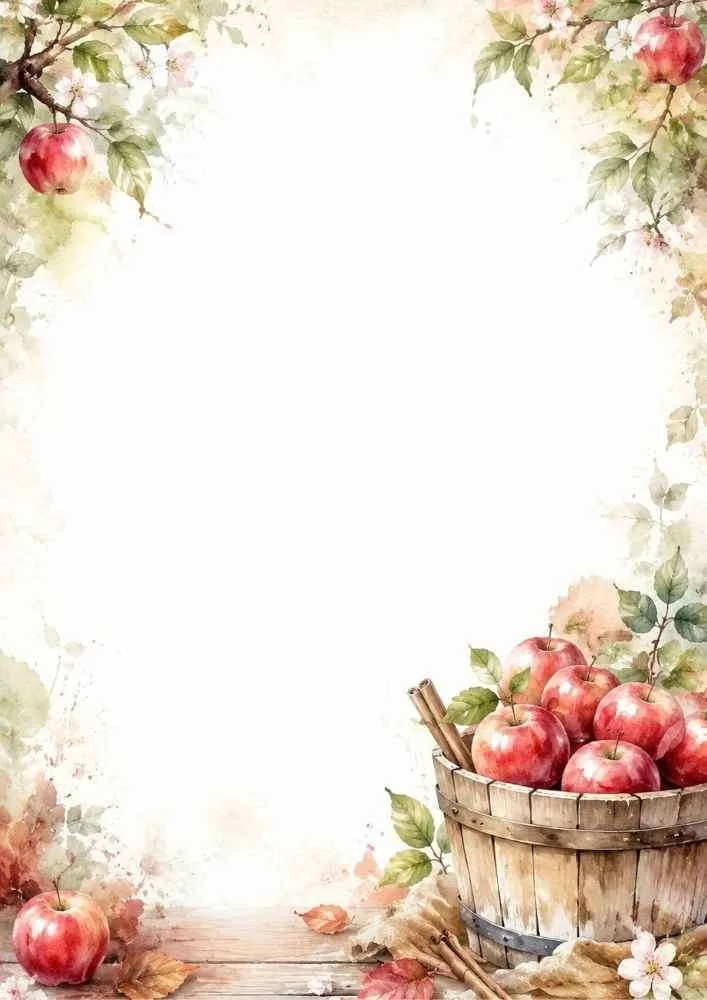 Watercolor border with apple basket, apples, leaves, and a large blank center.