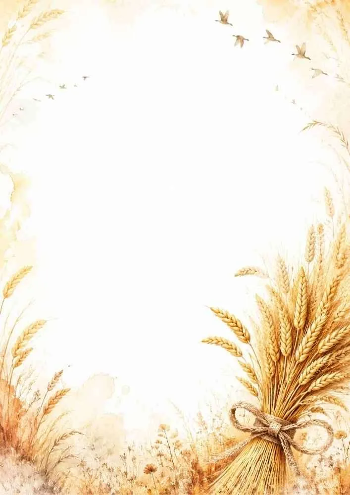 Watercolor border with wheat bundle, birds, and a large blank writing area.