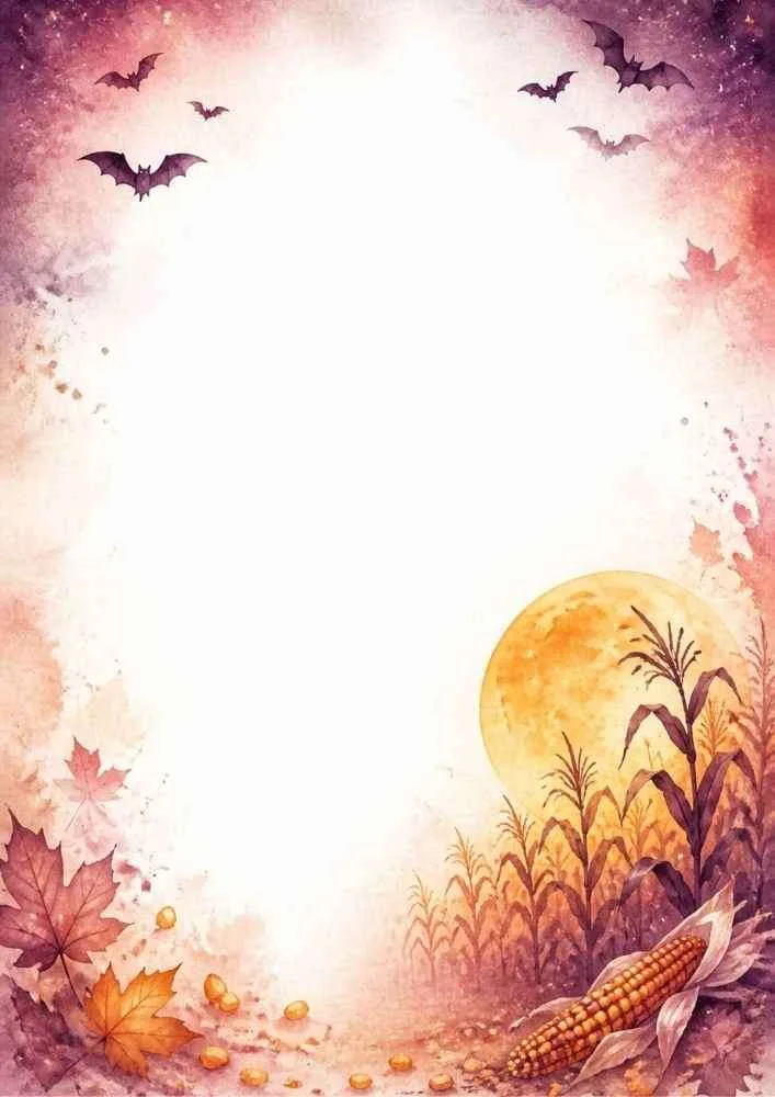Watercolor border with bats, full moon, corn, leaves, and blank center.