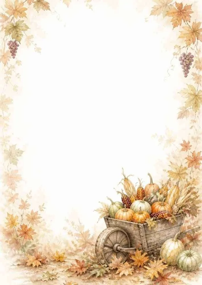 Watercolor border with harvest wagon, pumpkins, corn, and blank center.