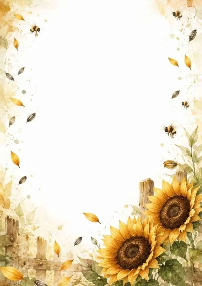 Watercolor border with sunflowers, bees, fence, and a blank writing area.