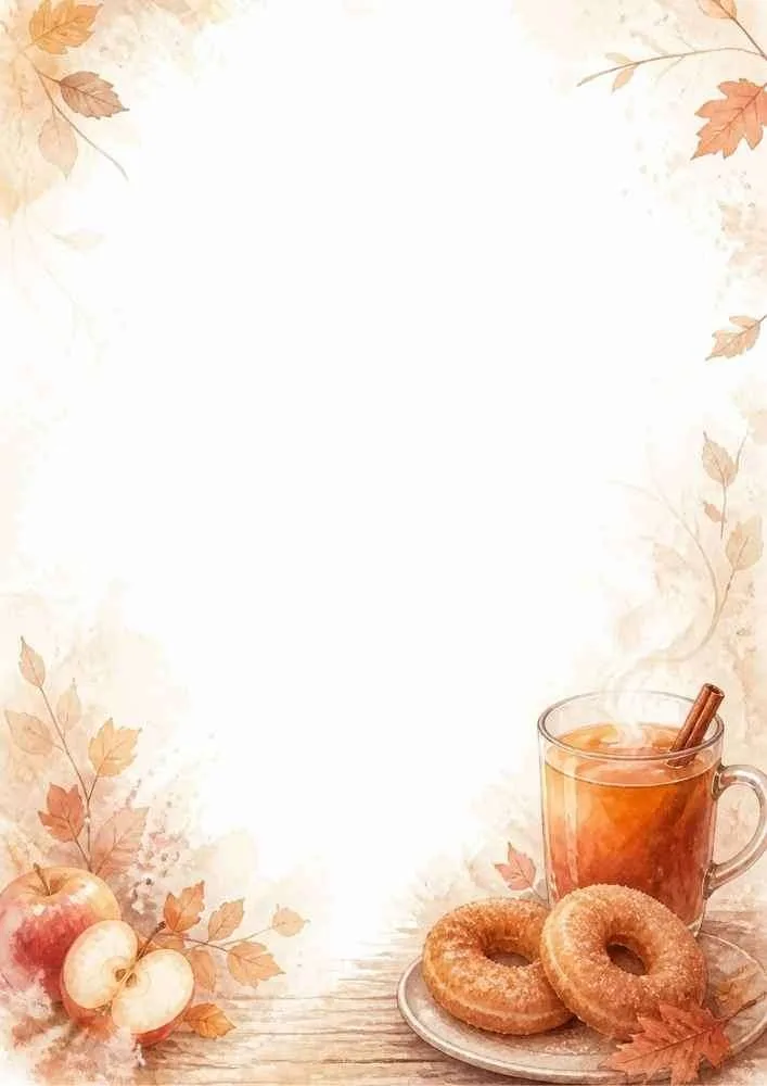 Watercolor border with apple cider, donuts, apples, and blank center.