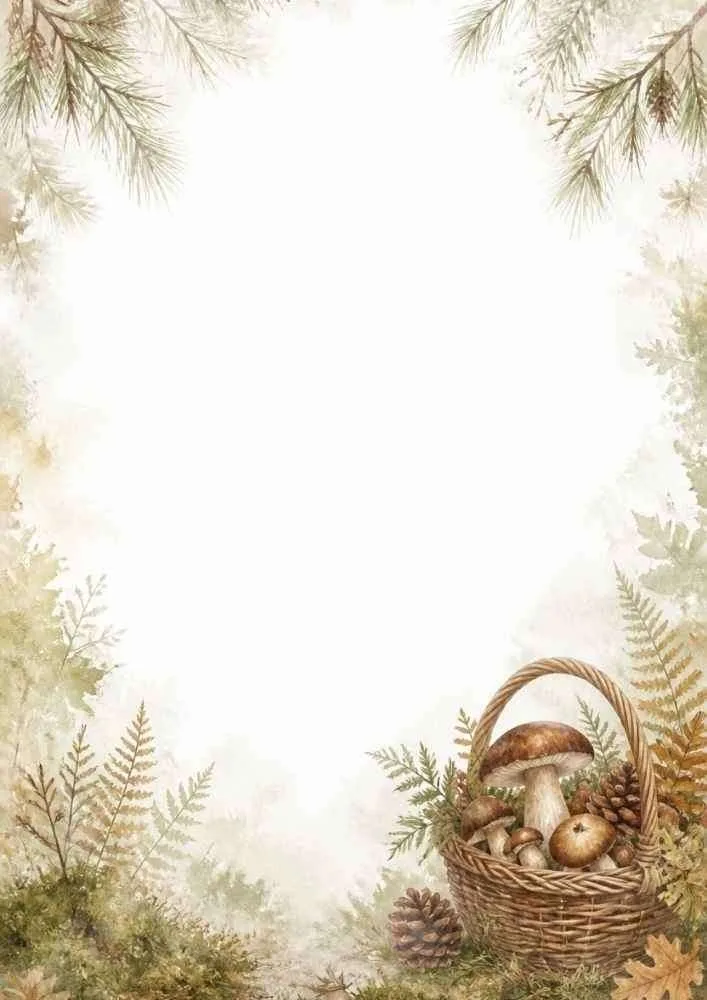 Watercolor border with mushroom basket, ferns, pinecones, and blank center.