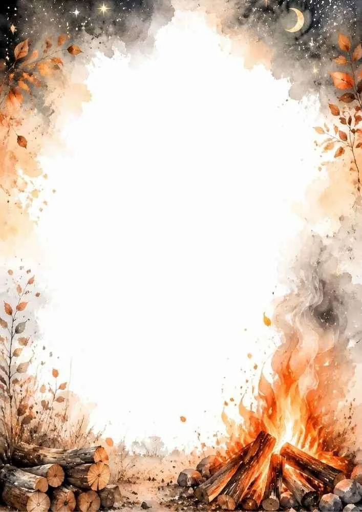 Watercolor border with campfire, stars, moon, and a large blank center.