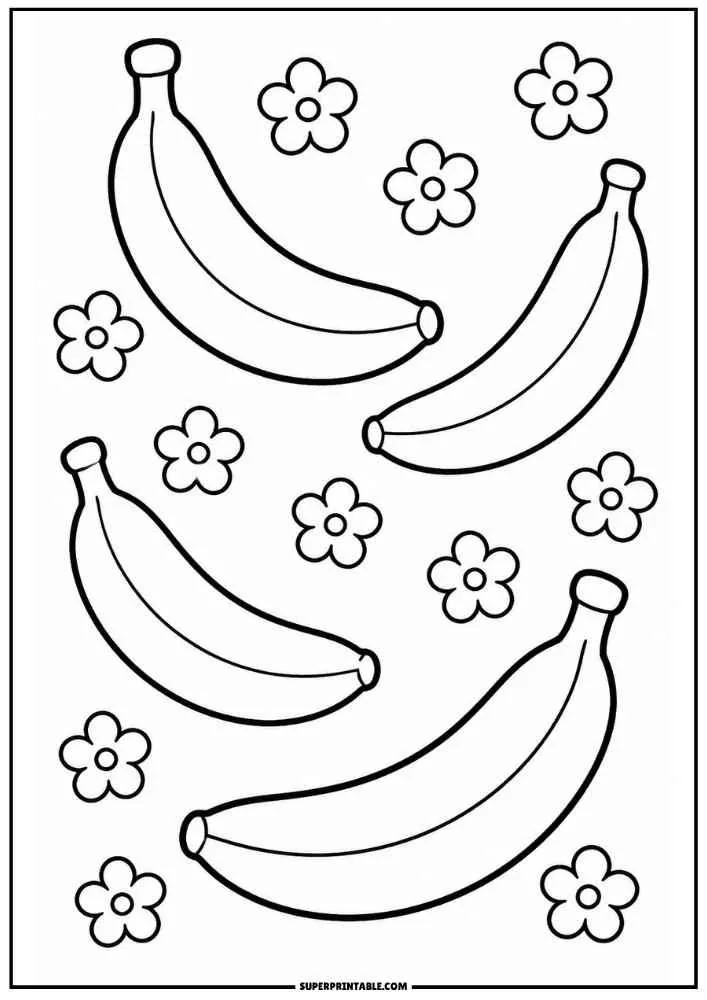 Four bananas with simple flowers in an easy black-and-white coloring page.