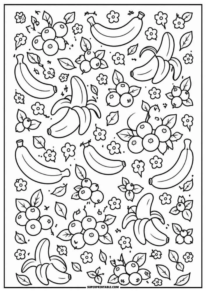 Blueberry slice with fresh blueberries and flowers coloring page.