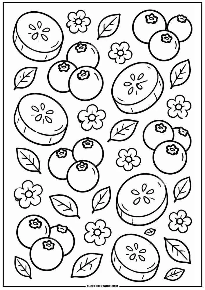 Bananas, blueberries, flowers, and leaves pattern coloring page.