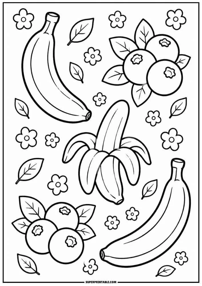 Blueberry halves, whole berries, flowers, and leaves coloring page.