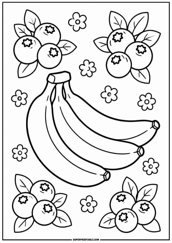 Bananas, peeled banana, blueberries, flowers, and leaves coloring page.