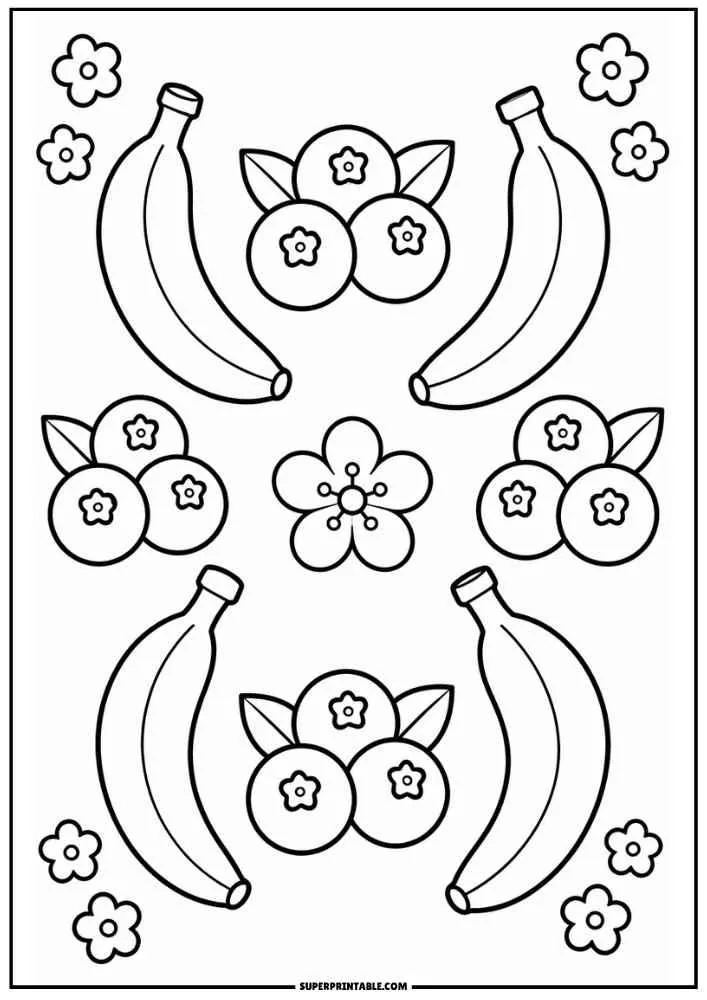 Banana bunch with blueberry clusters and flowers coloring page.