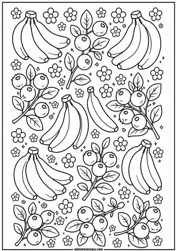Detailed bananas, blueberries, flowers, and leaves coloring page.