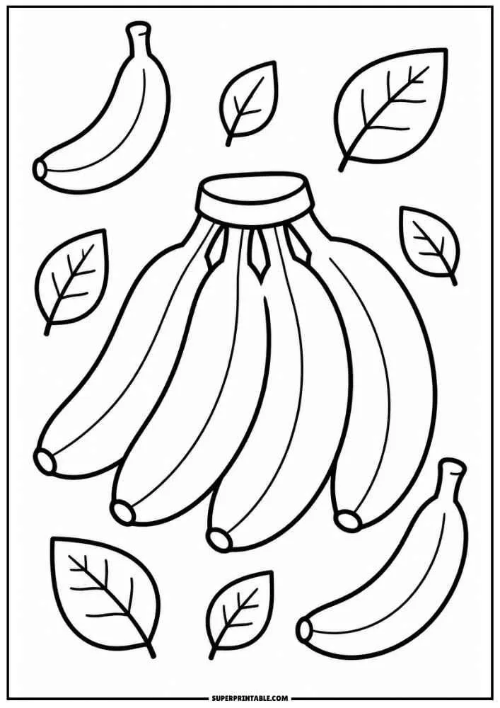 Banana bunch with leaves and two bananas in a simple coloring page.