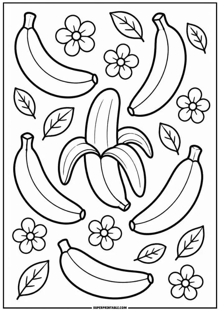 Peeled banana with whole bananas, flowers, and leaves coloring page.