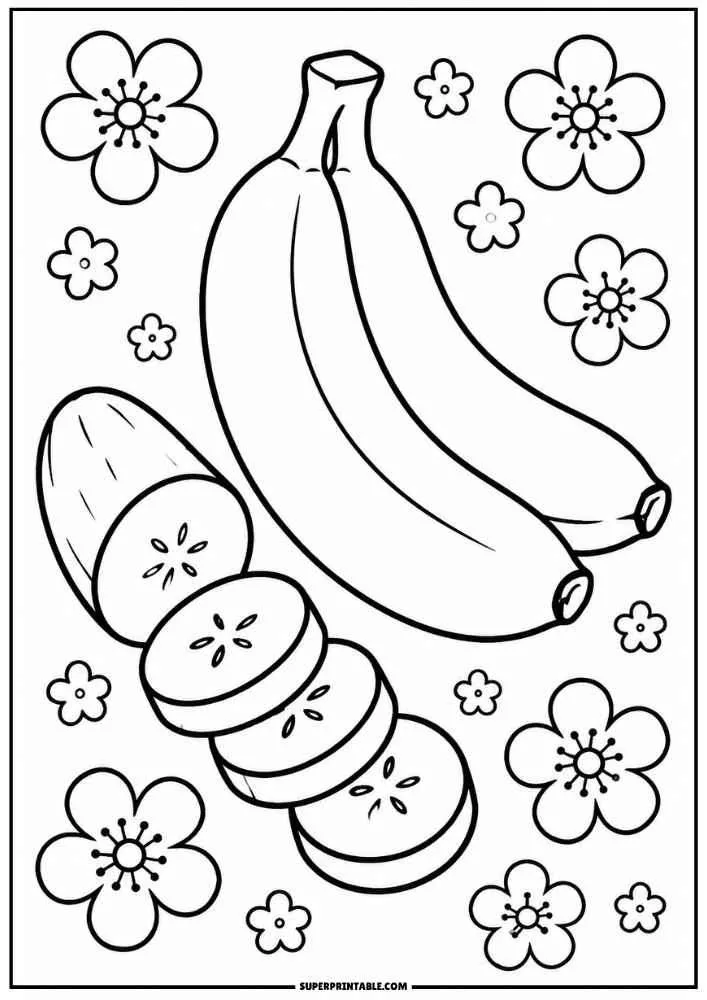 Whole bananas, banana slices, and flowers coloring page.